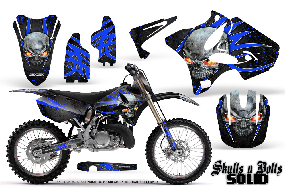 Yamaha YZ125-YZ250 02-12 Graphics Kit Skulls n Bolts Solid Blue Black NP Rims